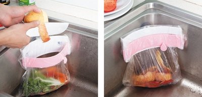 [李老大] 177294 水槽垃圾袋夾 粉色 廚房整潔 強力吸盤 垃圾袋架 防止異味