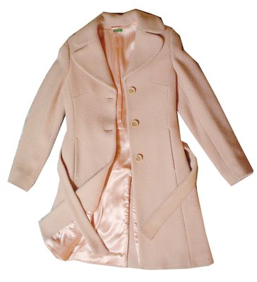 轉賣 義大利 班尼頓 Benetton 羊毛 大衣 長大衣 外套 復古 修身 腰帶 粉紅色 38 XS 甜@紐約
