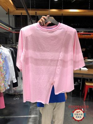 明星衣櫃=韓國東大門2024夏季新款女不規則上衣設計感純色小眾圓領短袖T恤