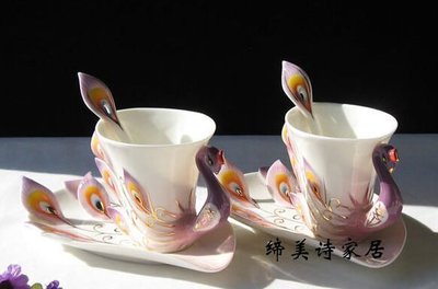 【熱賣精選】新款 法蘭瓷 瓷孔雀 情侶對杯 咖啡杯 結婚禮物 情人節禮 一對價(2入)