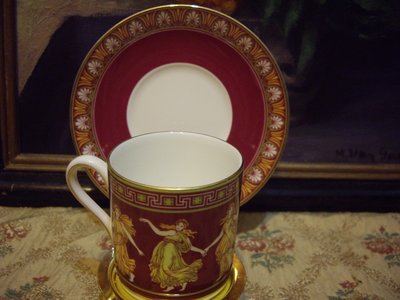 歐洲古物時尚雜貨 歐洲名瓷 英國WEDGWOOD深紅色仕女人物骨瓷杯盤組 骨瓷描金杯