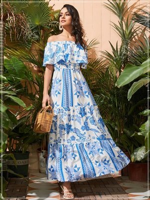 長洋裝 藍白 幾何和花卉圖案荷葉邊一字肩多層下擺波希米亞 歐美流行時尚女裝連身裙連衣裙過膝裙長禮服有中大尺碼H4955