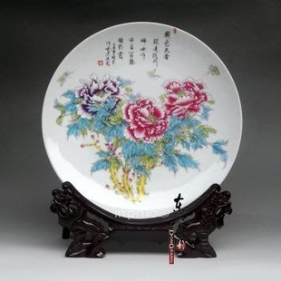 INPHIC-景德鎮陶瓷裝飾 擺飾看盤掛盤果盤 粉彩青花瓷 國色天香牡丹 25cm