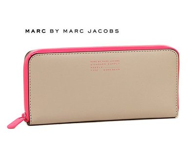 MARC BY MARC JACOBS►(淡駝色×桃紅色) 真皮拉鍊長夾 錢包 皮夾｜100%全新正品｜特價!