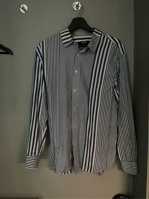 H:connect 韓國 韓風 歐巴 藍色 白 條紋 不對稱 時尚 潮流 設計 長袖 襯衫 休閒 正式
