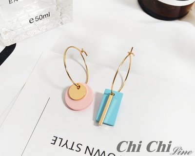 【現貨】Chi Chi 韓系混色不對稱幾何造型鏤空耳圈 (粉紅+粉藍)-TE1004