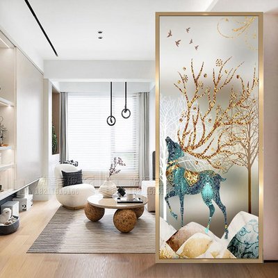 現代簡約藝術玻璃屏風隔斷輕奢客廳磨砂彩繪透光入戶玄關鞋柜裝飾正品