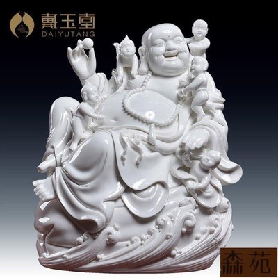 熱銷  白瓷彌勒佛像擺件創意陶瓷笑佛裝飾工藝品五子登科 B19295