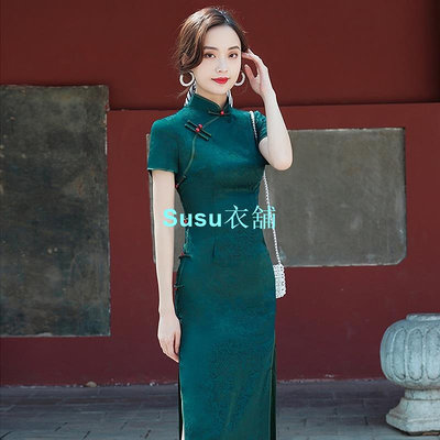 墨綠色旗袍 新款改良高級復古少女中國風媽媽長款旗袍