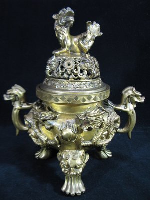 [銀九藝] 早期銅器 銅雕 雙龍搶珠 雙耳爐 淨香爐 大銅爐 高~28公分 重~2.6公斤