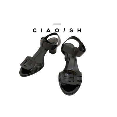 CIAO/SH 名牌精品店 Roger Vivier 黑全皮,前壓克力 方釦粗跟涼鞋