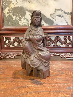 清代木雕持經觀音 水月觀音 觀世音菩薩 老神像 古董神像 古佛