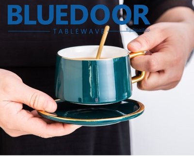 BlueD_ 藍綠色 金邊 300ML 咖啡杯 杯盤組 杯具 杯碟組 咖啡碟 下午茶杯 孔雀藍 奢華設計 網美風 IG款