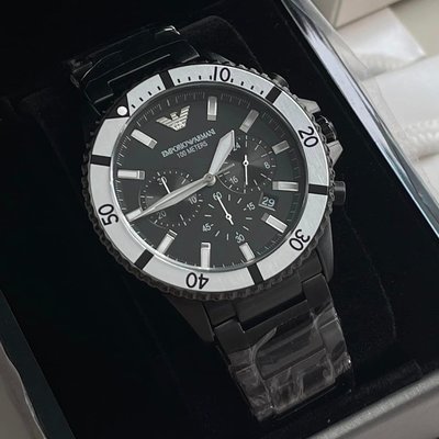 EMPORIO ARMANI Diver 銀色框 黑色面錶盤 黑色矽膠不鏽鋼錶帶 石英 三眼計時 男士手錶 AR80050 亞曼尼腕錶