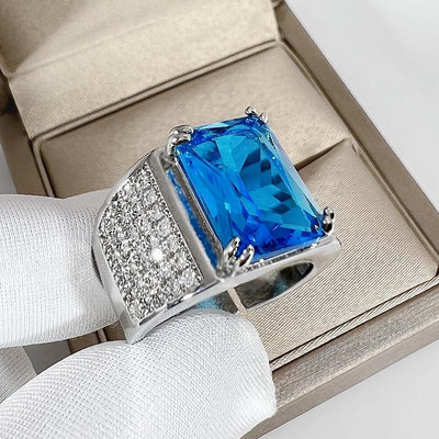 霸氣鑲嵌長方形鑽藍寶石戒指男戒 滿鑽群鑲商務男海藍鑽開口戒指
