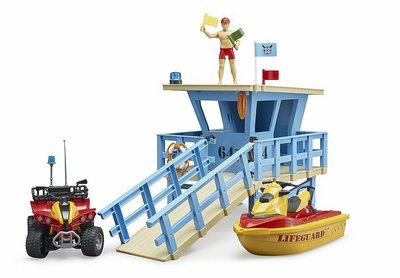 德國 BRUDER 海灘救護隊水上+ 沙地摩託車夏天海灘救生站套組海邊場景組(含車輛及人偶和瞭望台配件)工程兒童玩具模型
