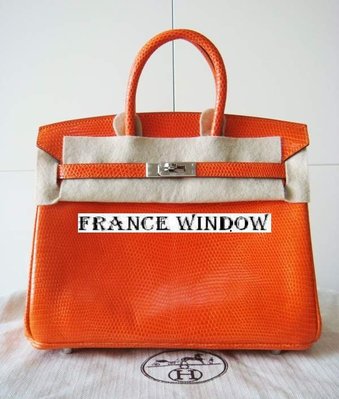 France Window 愛瑪仕 柏金包Hermes Birkin 限量橘色銀扣 蜥蜴皮 25Cm