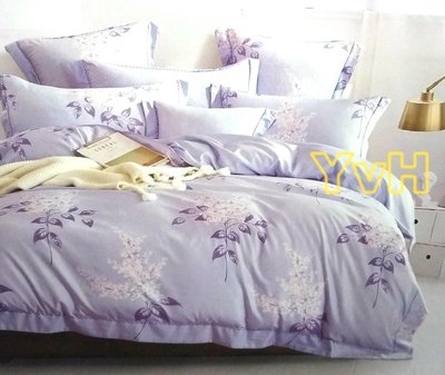 =YvH=雙人床罩兩用被套四件組 TENCEL 台灣製造 萊麗絲天絲 雙面印花 帝王折床裙 薰衣紫 淡紫色