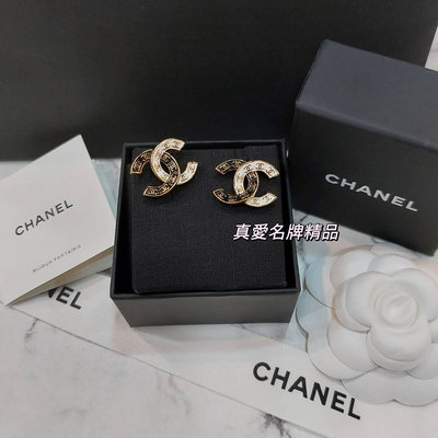 《真愛名牌精品》CHANEL ABC996 黑+白 雙C logo 針式耳環 *全新*