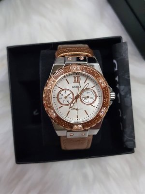 GUESS 玫瑰金框 白色錶盤 棕色皮革錶帶 石英 女士手錶 W0023L7