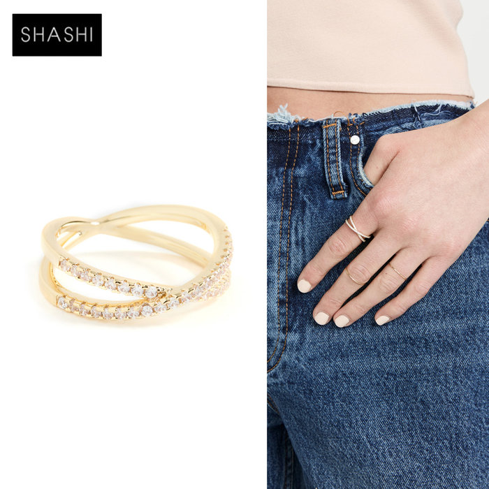 SHASHI 紐約品牌 Stacey Pave 鑲鑽十字架戒指 金色十字架戒指
