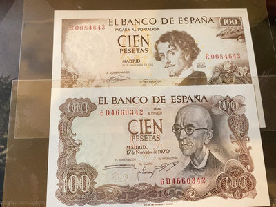 【二手】 西班牙1965年和1973年100比塞塔 品相為UNC 。兩749 錢幣 紙幣 硬幣【經典錢幣】