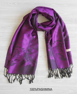 正品100%PASHMINA喀什米爾羊毛雙面會呼吸的圍巾披肩-深紫花朵-送禮自用溫暖貼心禮物