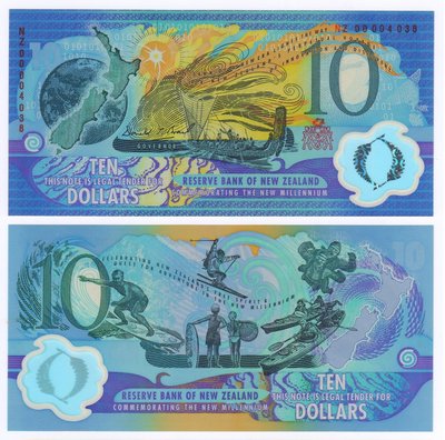 萬福古錢幣收藏家（可議價）全新UNC 新西蘭2000年10元（千禧年紀念鈔）紅字版 NZ00004038
