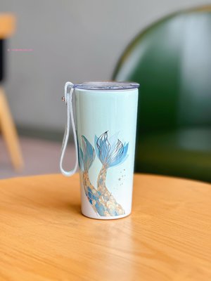 特賣-星巴克周年慶杯子海藍幻彩漸變人魚鱗女神陶瓷玻璃馬克吸管保溫杯