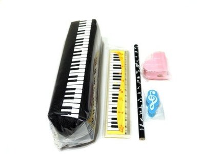 【愛樂城堡】音樂文具特惠組合(10)~方型筆袋+15公分尺+鉛筆+高音譜號造型橡皮擦+鋼琴造型削筆器