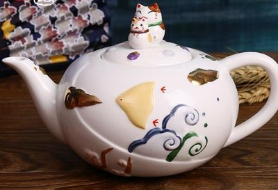 6081A 日式 可愛貓咪造型茶壺 陶瓷浮雕日式泡茶壺 咖啡廳花茶壺午茶壺陶瓷壺