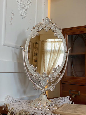法式古典華麗珍珠白釉彩雙面立體桌鏡 公主風化妝鏡 雙面鏡 桌鏡 鏡子【更美歐洲傢飾古董老件Amazing House】台南