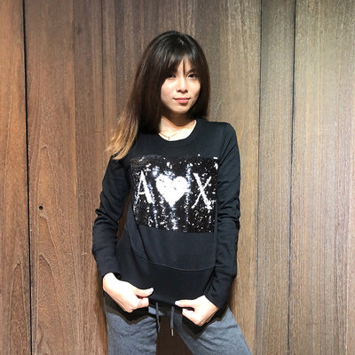 美國百分百【全新真品】Armani Exchange 大學T 長袖T恤 女 T-shirt AX 亮片 黑色 J980