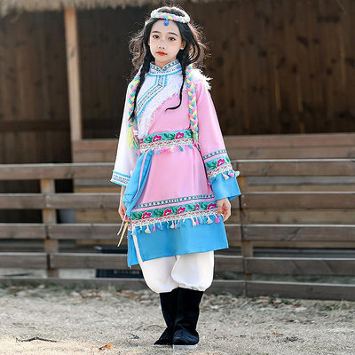 藏族服裝兒童冬裝女新款蒙古服族舞蹈演出服少數民族藏式藏服秋冬