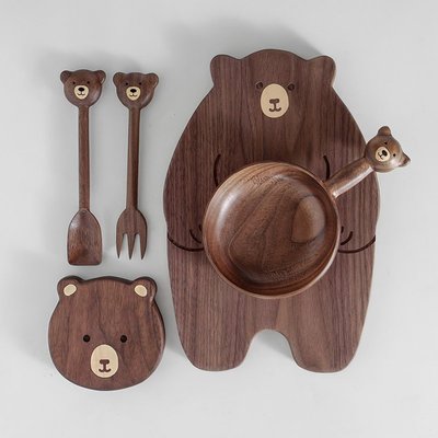 可愛小熊擺盤黑胡桃木手工創意裝飾盤木作小勺子叉子小熊碗砧板*熱賣