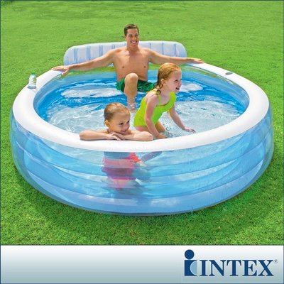 小江的店--【INTEX】圓型藍色有靠背游泳池(229*218*55cm)(590L) 15120100(57190)