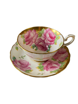 英國手繪tuscan粉色三朵大玫瑰鎏金骨瓷杯盤