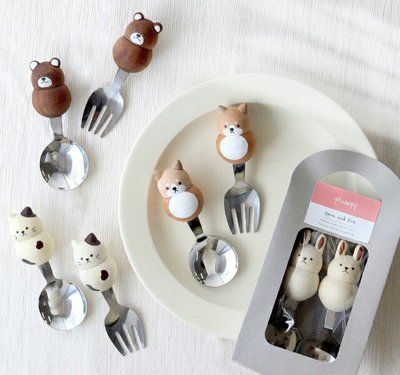 日本製 Plumpy kid 動物造型不鏽鋼餐具 木製 叉子 湯匙 套裝 禮物 兒童餐具＊小容容＊