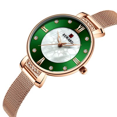 【潮裡潮氣】REWARD精緻貝殼面鑲鑽女錶米蘭尼斯網帶女士手錶防水石英表RD22028L