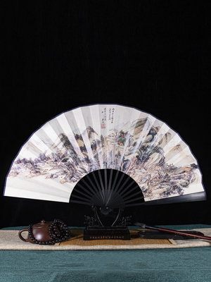 杭州記扇子中國風9寸仿烏木絲綢絹面折扇男式古風霸氣扇定制