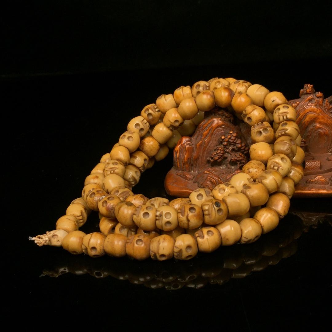 ️109西藏老牛骨雕骷髏桶珠108顆佛珠念珠項鏈手持、車掛紋飾清晰牛骨是