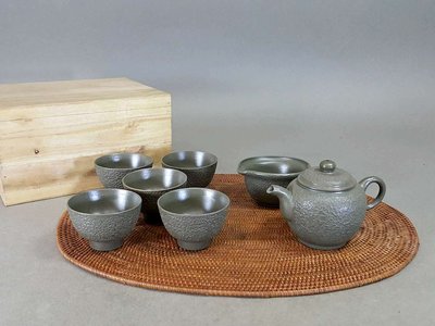 『華寶軒』日本茶道具 昭和初期 青備前燒 岩肌紋急須茶海茶杯茶具组