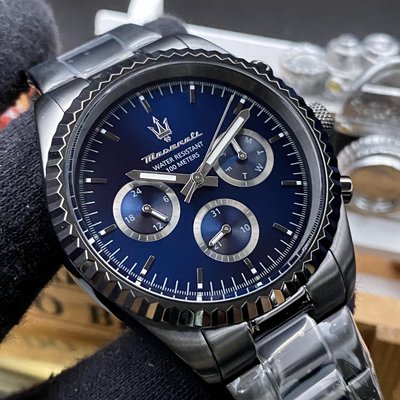 MASERATI手錶,編號R8853100019,42mm槍灰色圓形精鋼錶殼,寶藍色中三針顯示錶面,槍灰色精鋼錶帶款