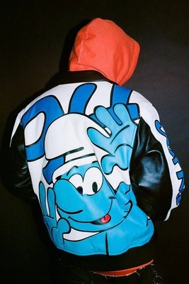現貨熱銷-Supreme 20FW Smurfs Leather Varsity Jacket 藍精靈 皮夾克 皮衣外套