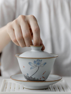 汝窯蓋碗家用簡約三才碗單個泡茶杯功夫茶碗套裝手抓壺茶器敬茶碗熱心小賣家