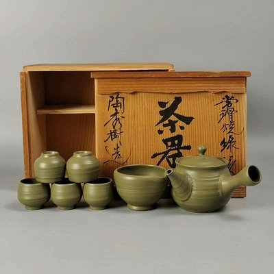 吉川秀樹造綠泥日本常滑燒橫手急須茶壺公道杯茶碗