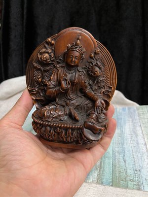早期收藏老料木雕黃楊木西藏密宗藏佛綠度母木雕擺件