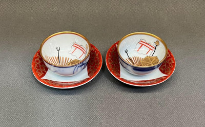 日本昭和時期老九谷內繪外青花山水杯一對帶杯托  口徑5.3厘