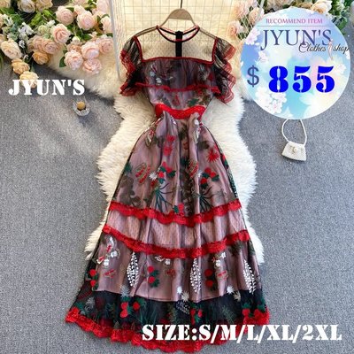 JYUN'S 初春新款歐美時尚復古氣質重工花朵刺繡別緻設計感網紗拼接圓領無袖洋裝連身裙大尺碼裙子1色S~2XL預購