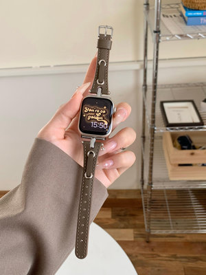 美式復古設計細款牛皮表帶iwatch78代s9蘋果手表65SE自女